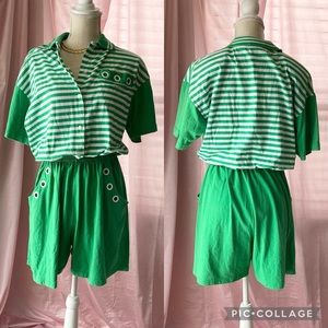 Vintage 90s y2k Green Striped Romper Size L